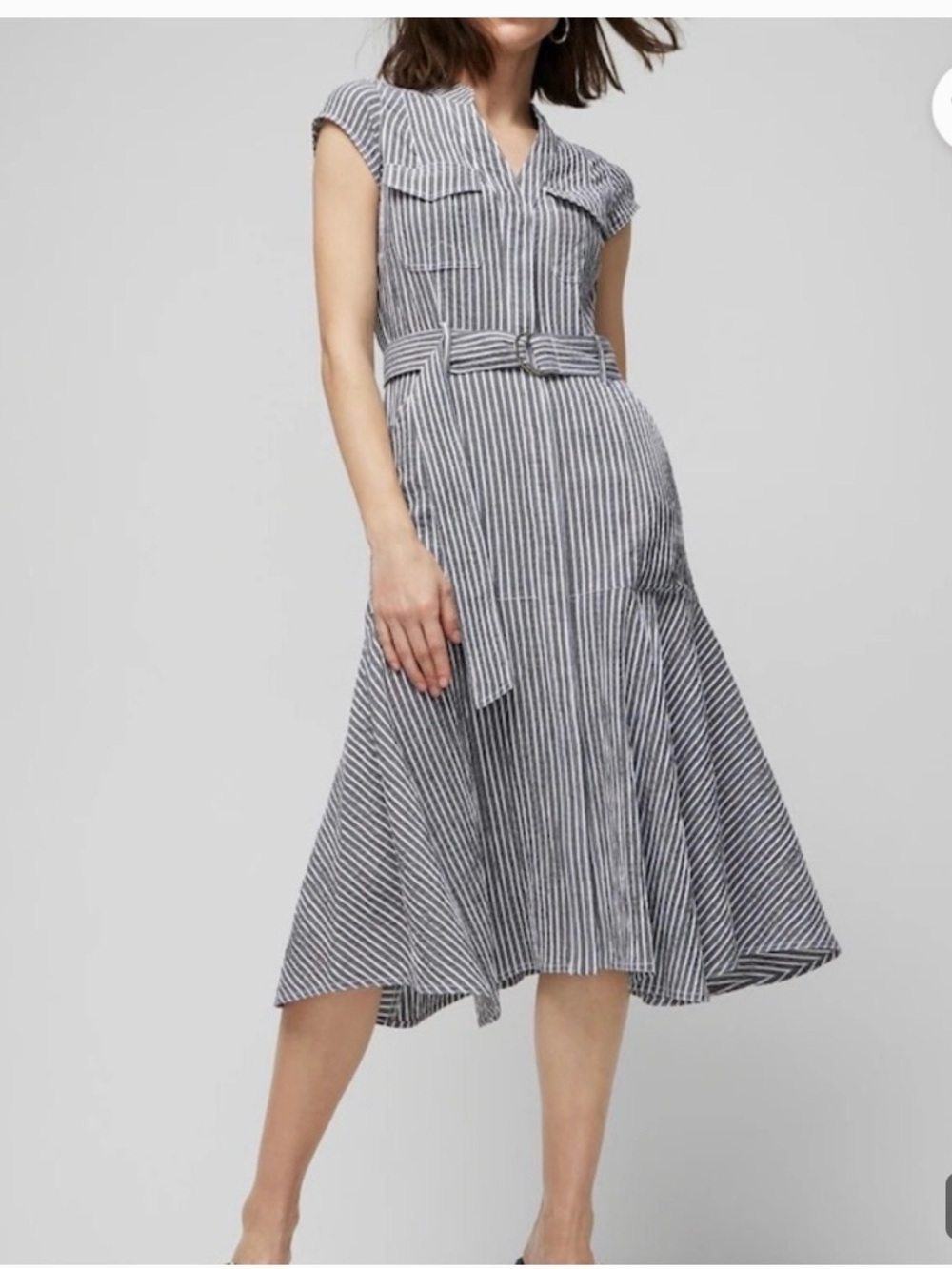WHBM Belted Seersucker Utility Midi Dress Gray/Black & White Stripe
